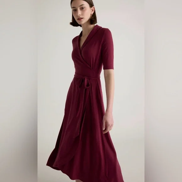 Quince Tencel Jersey Midi Wrap Dress Wine Small NWT - Picture 2 of 7